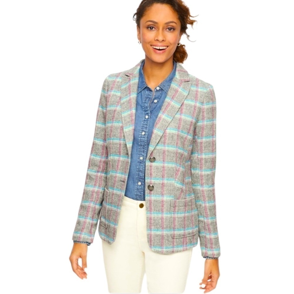 TALBOTS SHETLAND ABERDEEN PASTEL PLAID WOOL BLEND BLAZER SIZE 8